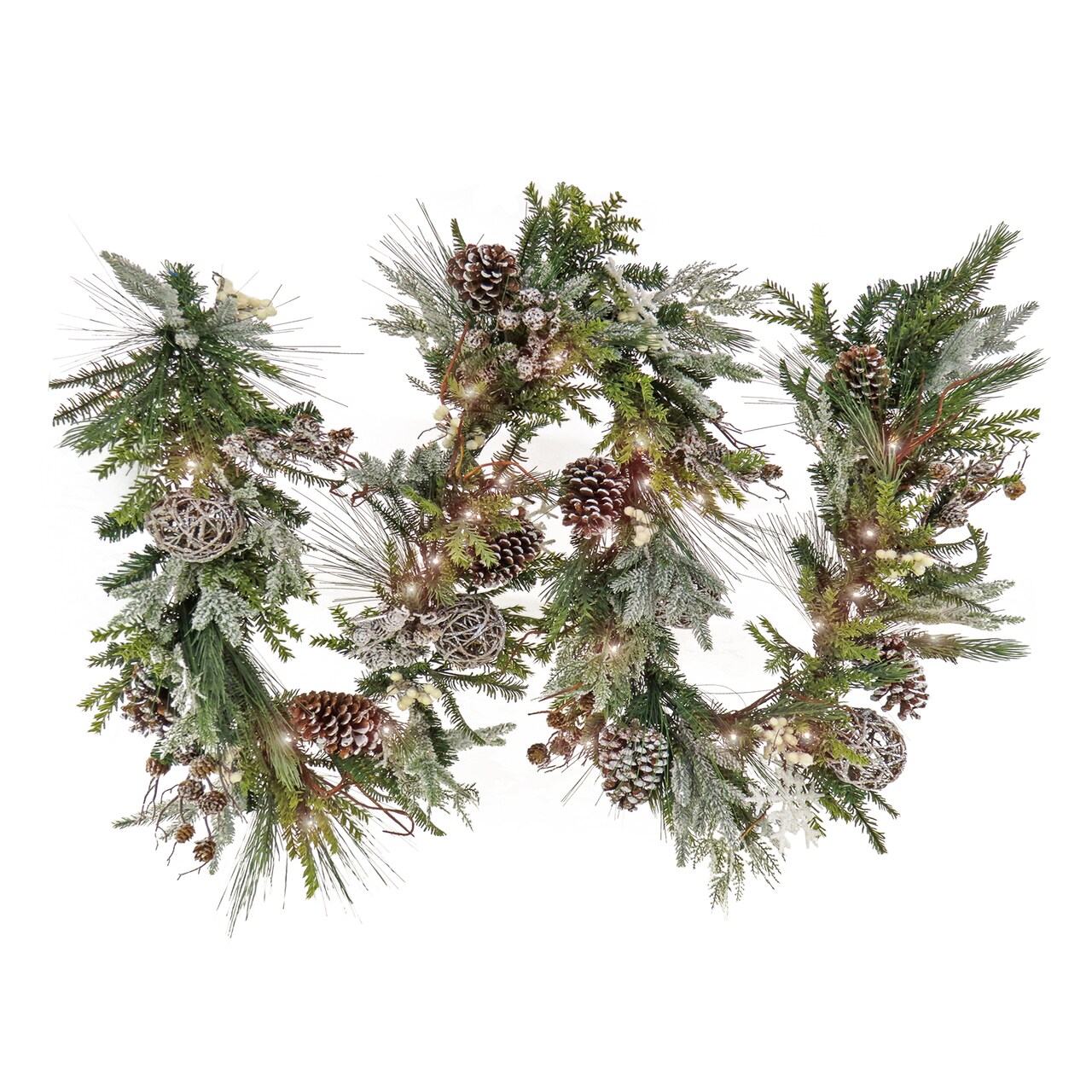 HGTV Home Collection Pre Lit Artificial Christmas Garland Mixed Branch Tips Decorated with Pinecones Berries snowflakes and ornaments Battery